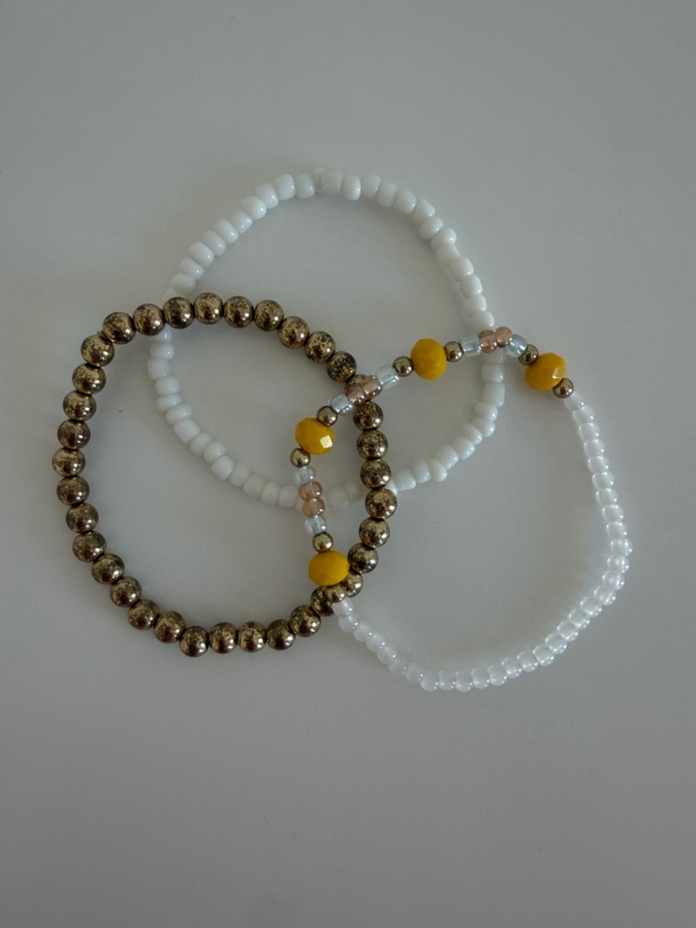 White and Gold Beaded Stretch Bracelet Set - Women Jewelry